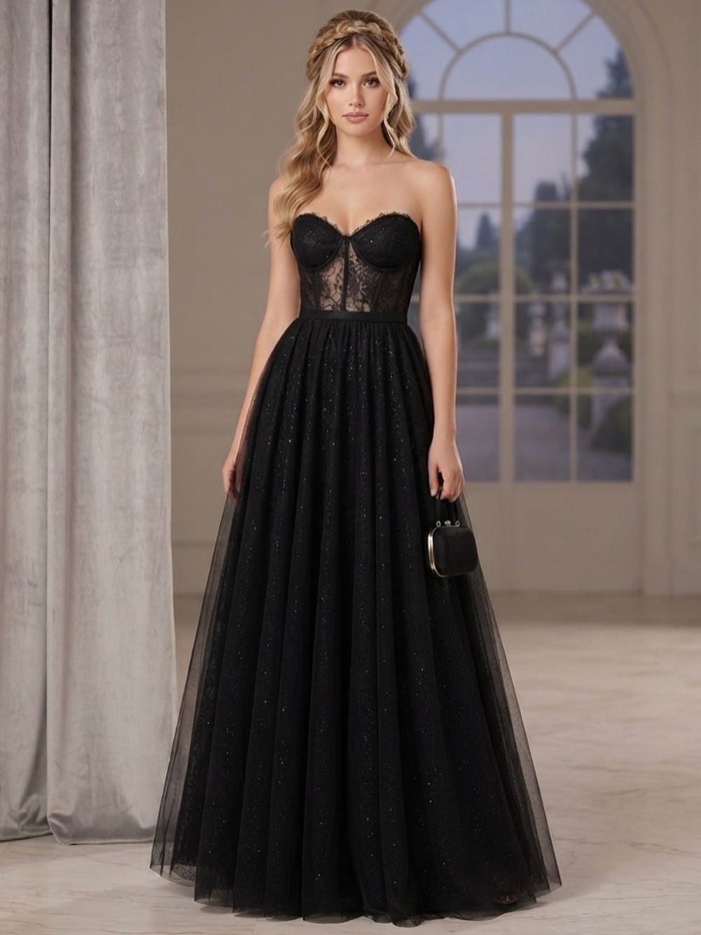 Jules & Cleo Size 4 Black Lace Corset Gown Fit Flare Prom Tulle Sparkle Dress